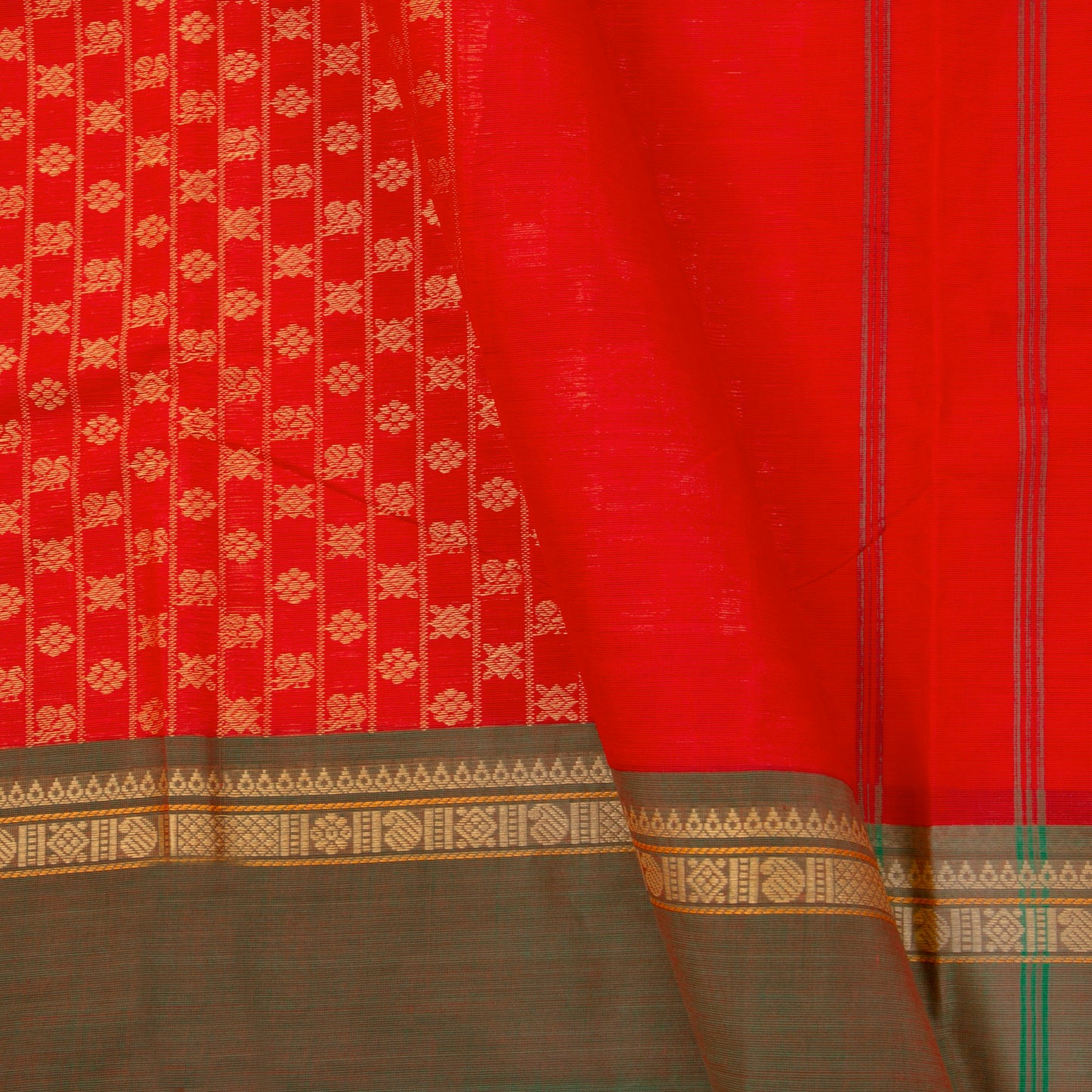 Red And Green Kanchi Cotton Saree With Zari Border For Office Wear PV MM KC 660