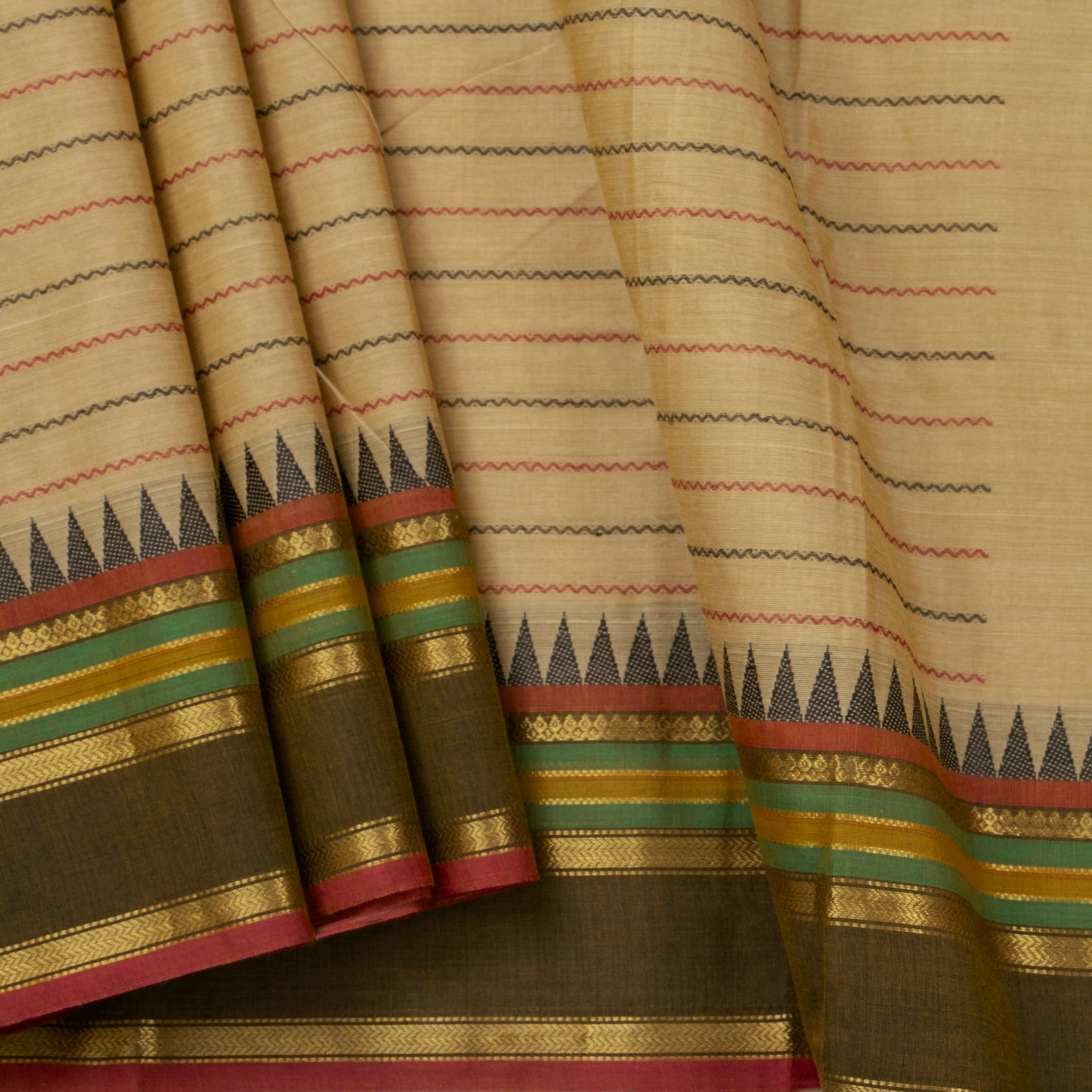 Beige And Mehandi Green Kanchi Cotton Saree With Veldhari Stripes For Festive Wear PV MM KC 625