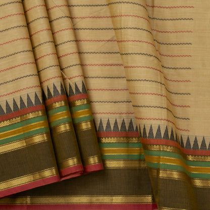 Beige And Mehandi Green Kanchi Cotton Saree With Veldhari Stripes For Festive Wear PV MM KC 625