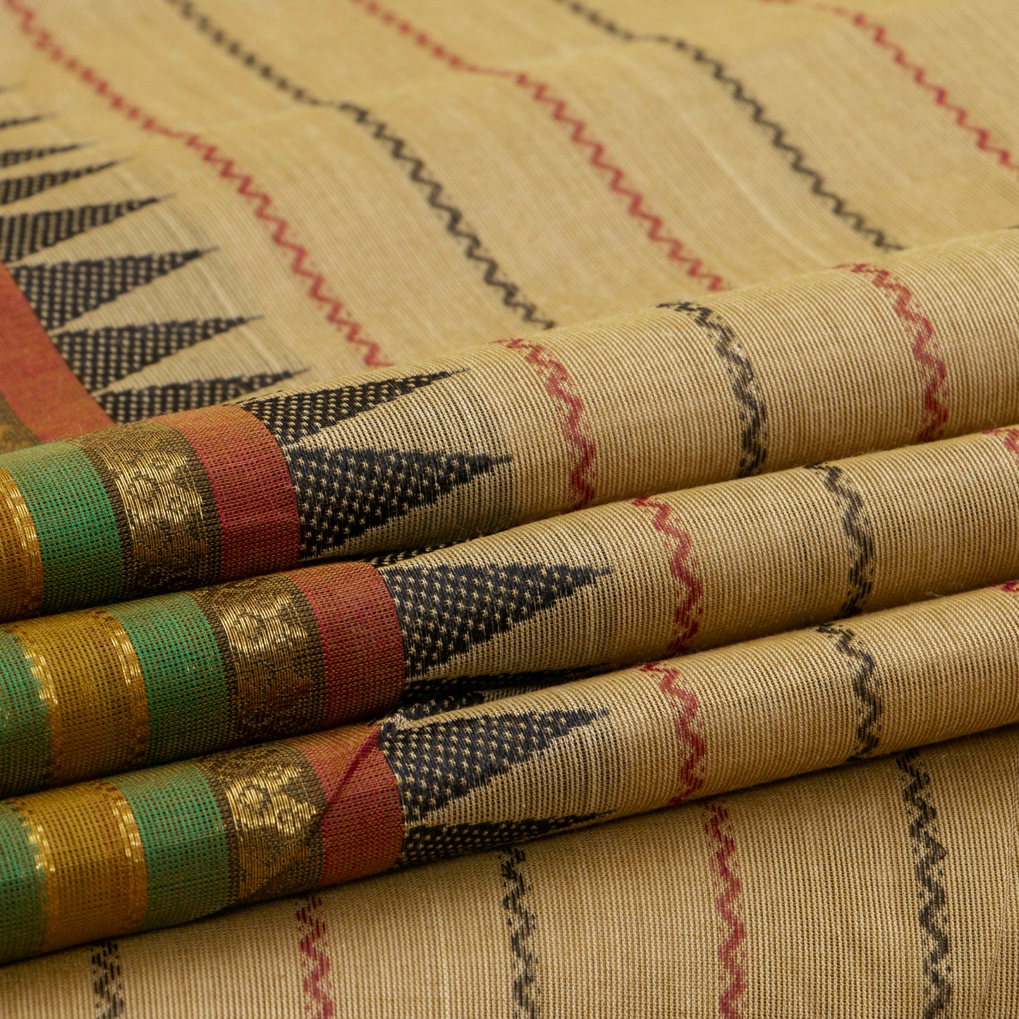 Beige And Mehandi Green Kanchi Cotton Saree With Veldhari Stripes For Festive Wear PV MM KC 625