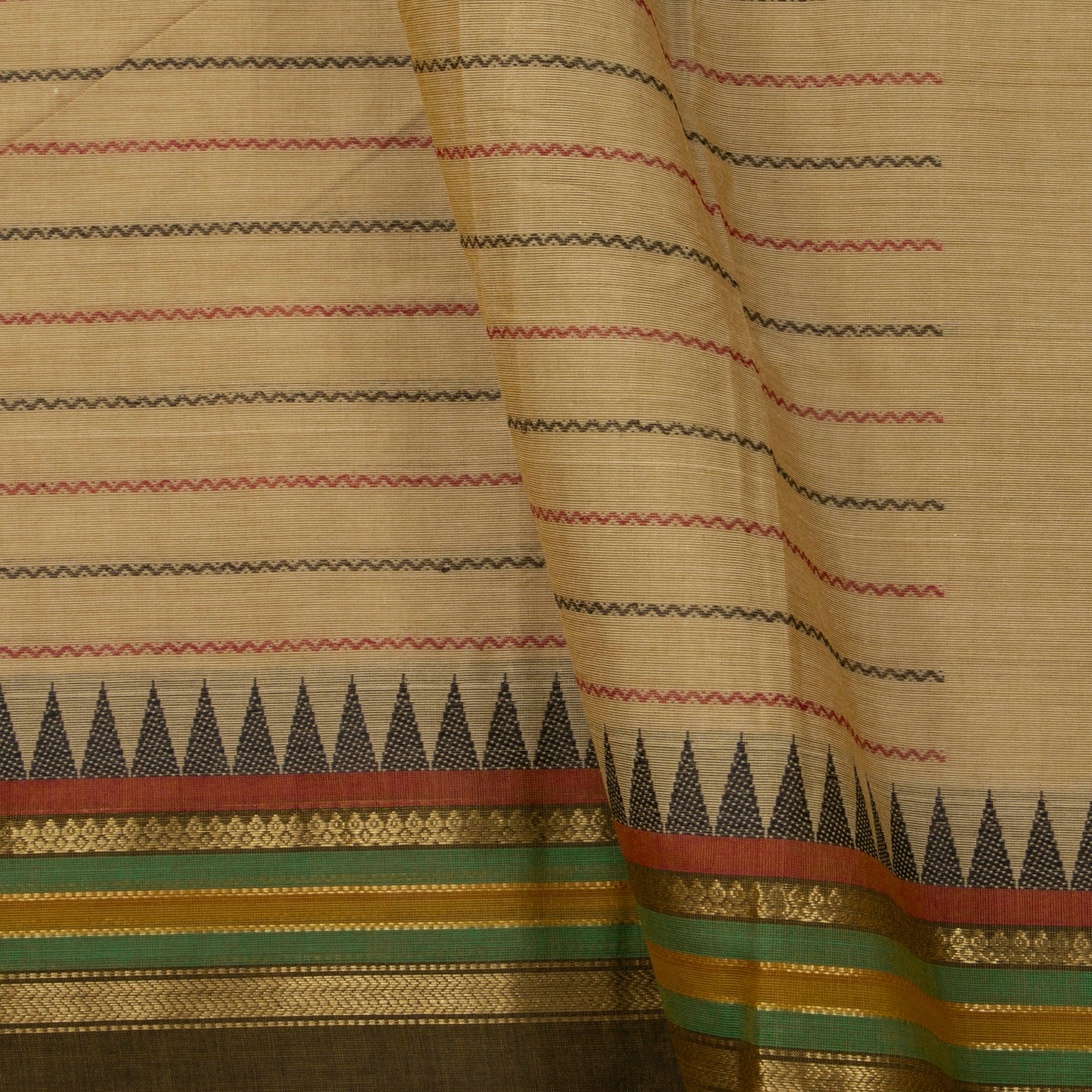 Beige And Mehandi Green Kanchi Cotton Saree With Veldhari Stripes For Festive Wear PV MM KC 625