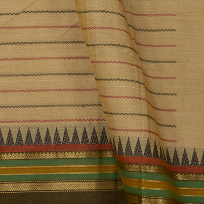 Beige And Mehandi Green Kanchi Cotton Saree With Veldhari Stripes For Festive Wear PV MM KC 625