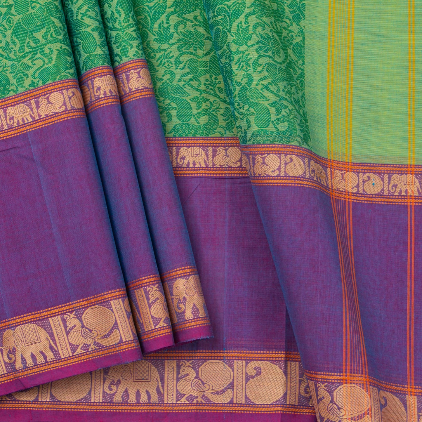Green And Violet Vanasingaram Kanchi Cotton Saree For Festive Wear PV MM KC 661