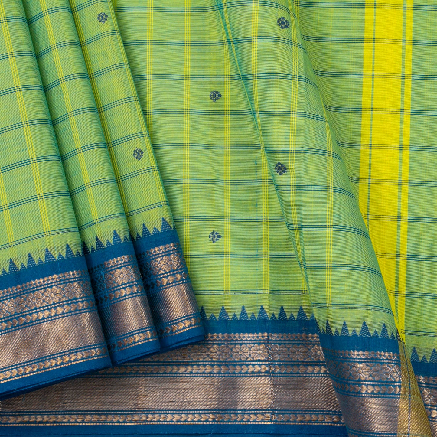 Light Green And Teal Kanchi Cotton Saree For Festive Wear PV MM KC 629