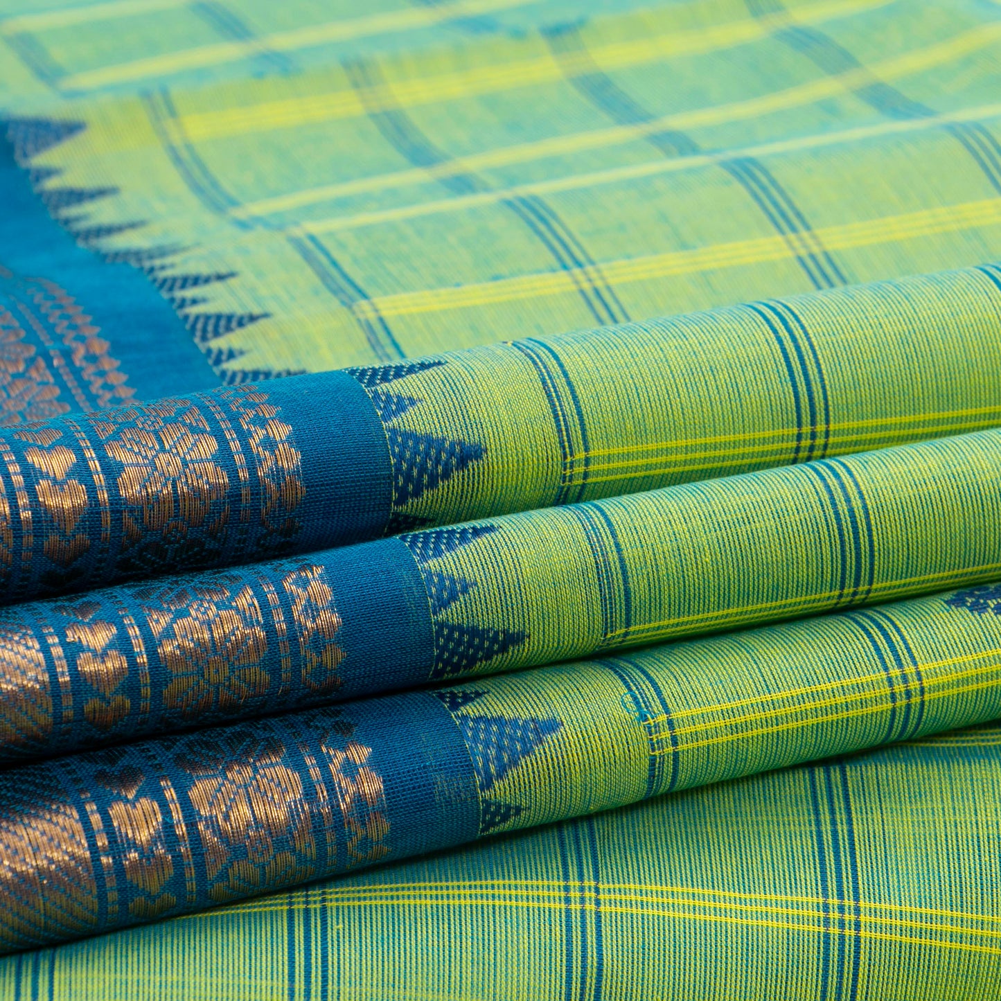 Light Green And Teal Kanchi Cotton Saree For Festive Wear PV MM KC 629