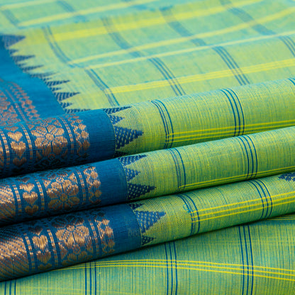 Light Green And Teal Kanchi Cotton Saree For Festive Wear PV MM KC 629