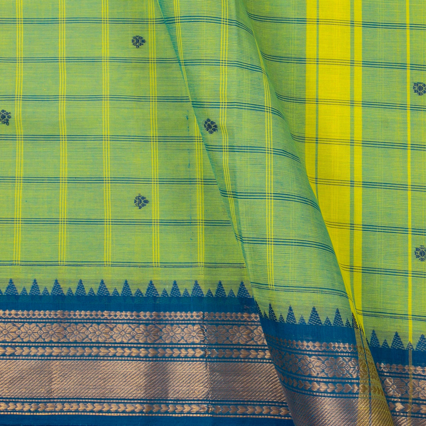 Light Green And Teal Kanchi Cotton Saree For Festive Wear PV MM KC 629
