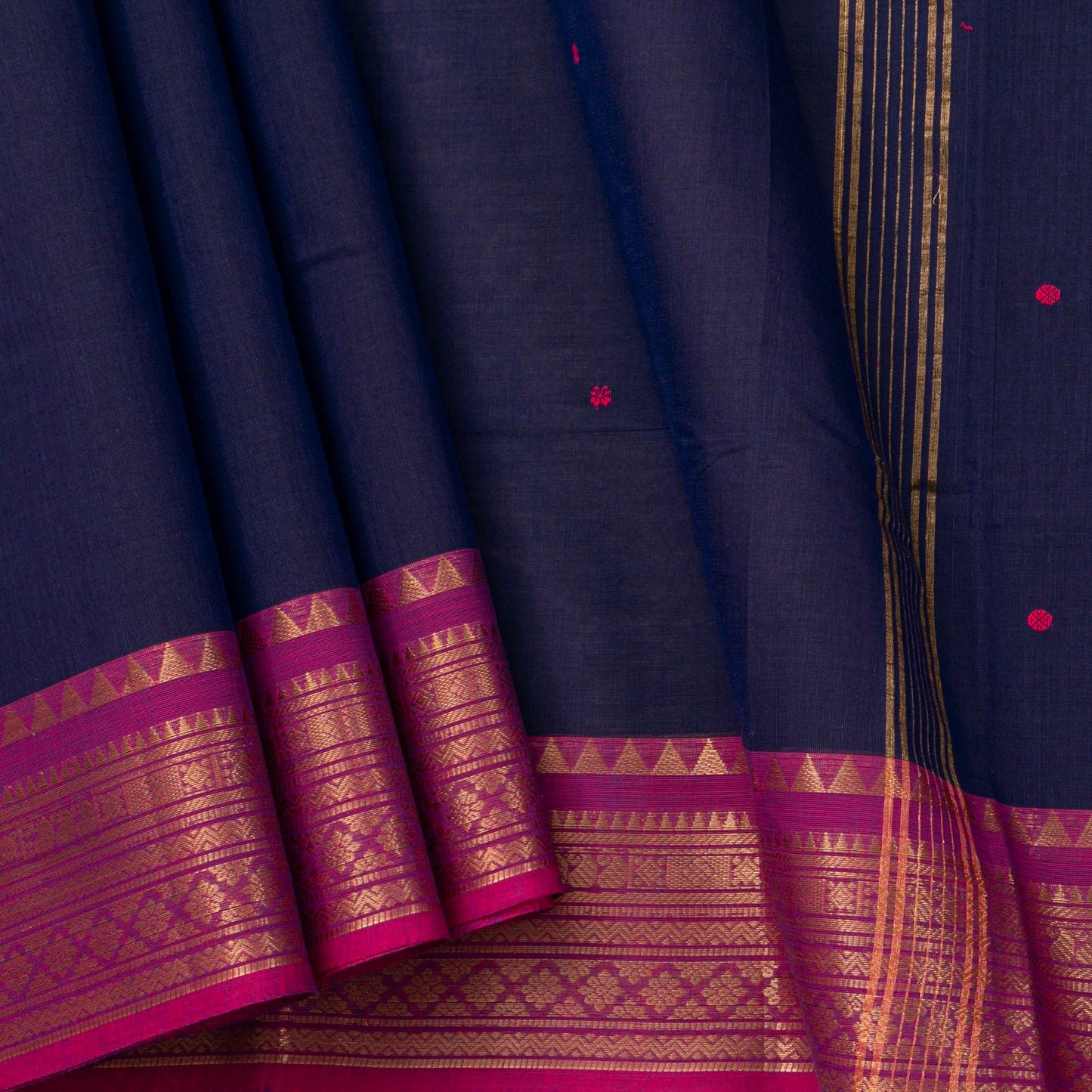 Navy Blue And Pink Kanchi Cotton Saree For Festive Wear PV MM KC 802