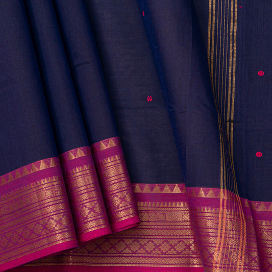 Navy Blue And Pink Kanchi Cotton Saree For Festive Wear PV MM KC 802