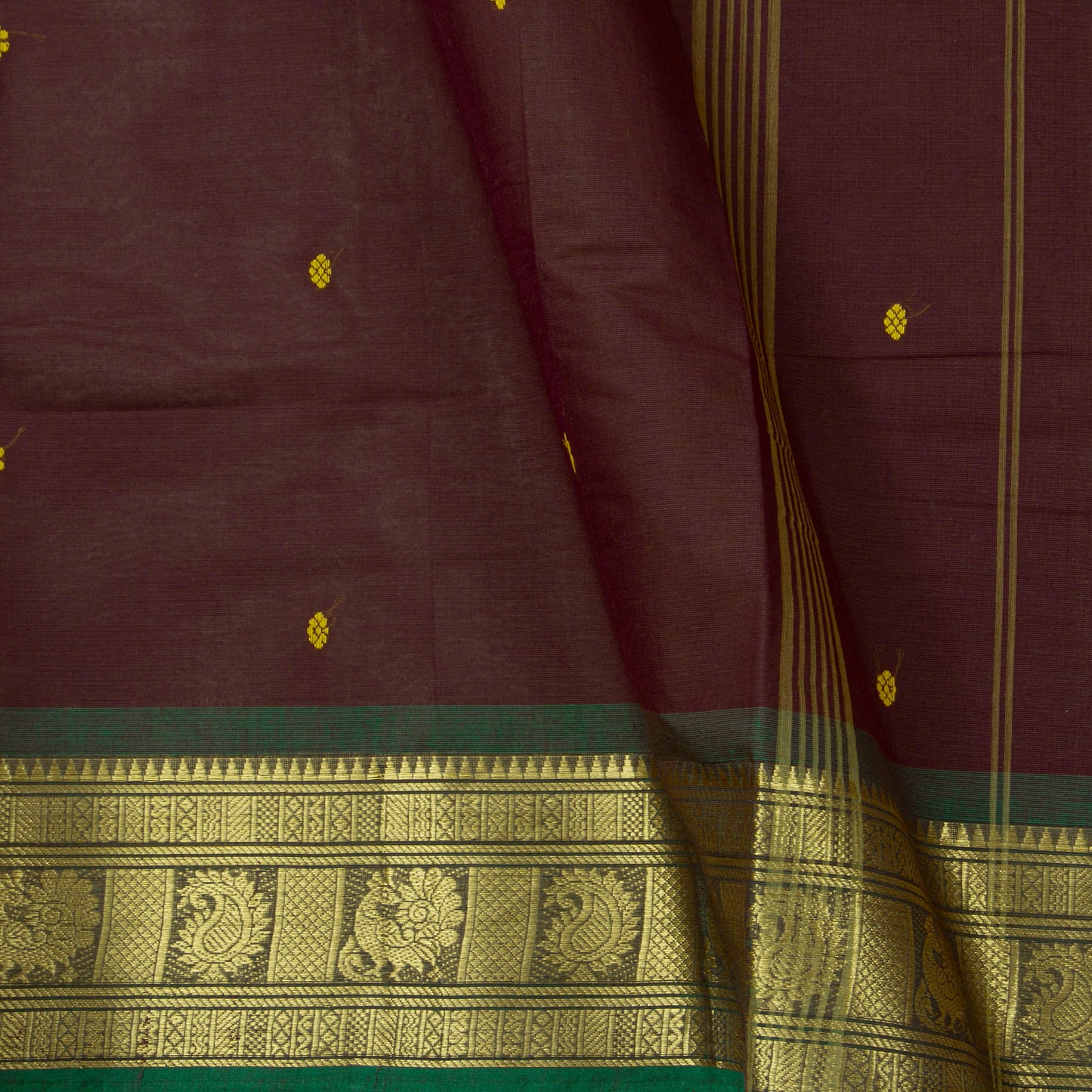 Brown And Green Kanchi Cotton Saree For Festive Wear PV MM KC 769