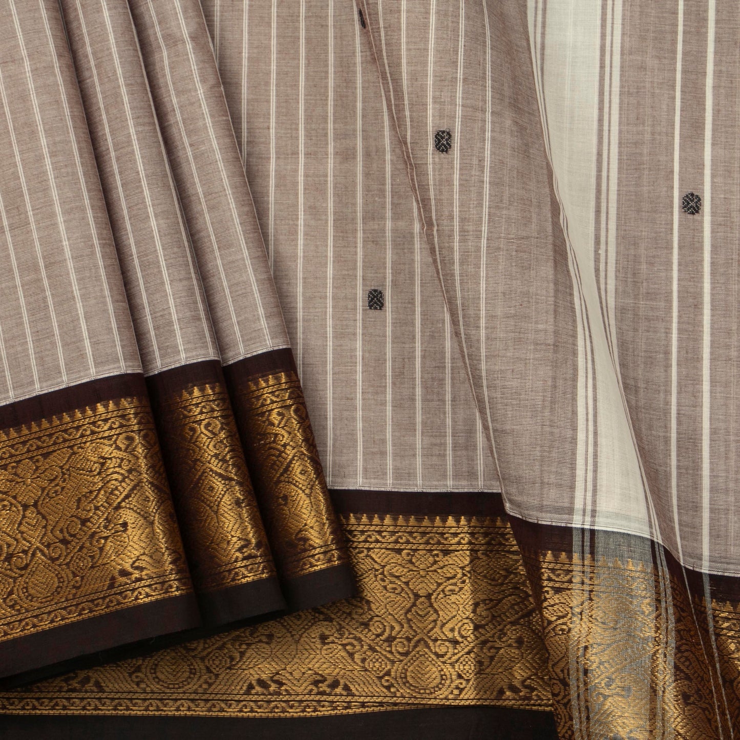 Beige And Brown Kanchi Cotton Saree With Zari Border For Festive Wear PV MM KC 631
