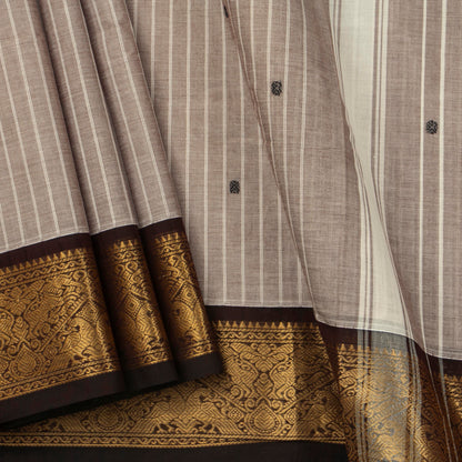 Beige And Brown Kanchi Cotton Saree With Zari Border For Festive Wear PV MM KC 631