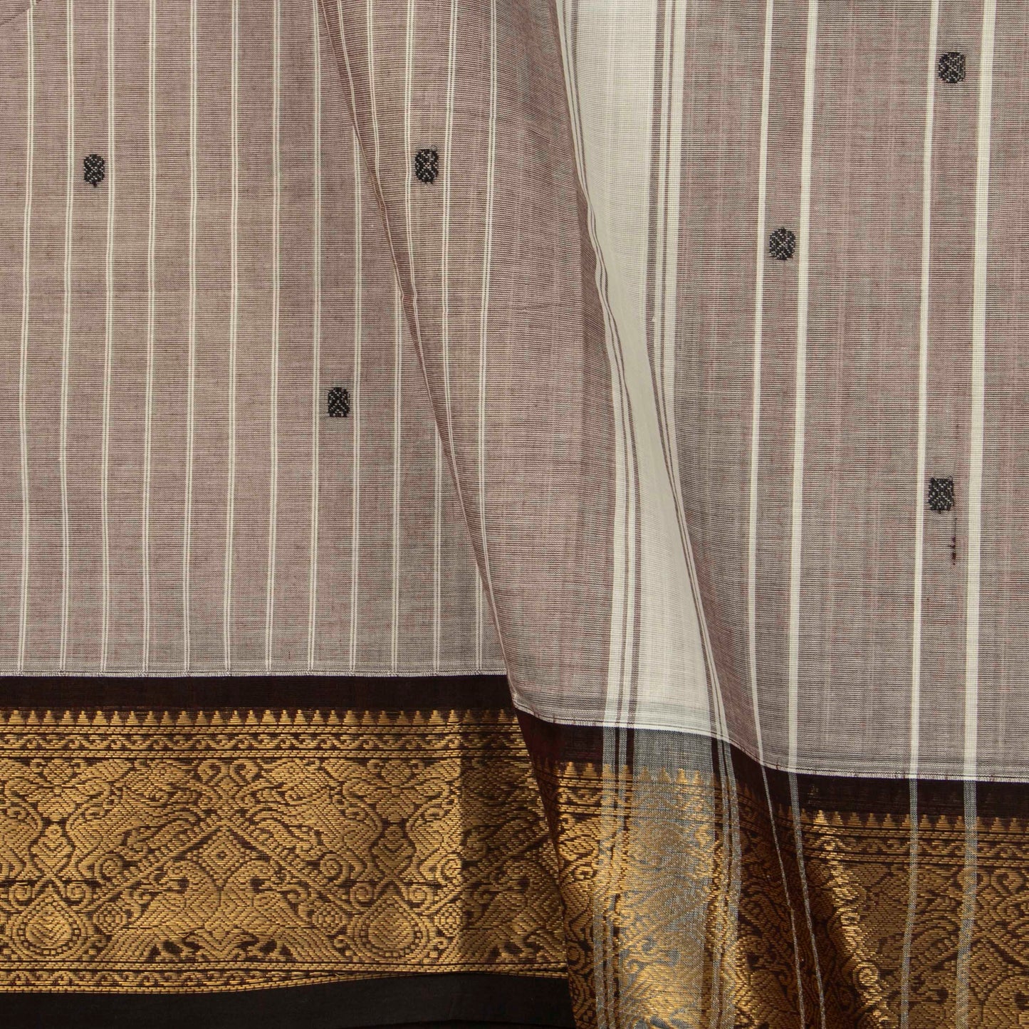 Beige And Brown Kanchi Cotton Saree With Zari Border For Festive Wear PV MM KC 631
