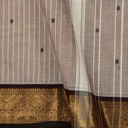 Beige And Brown Kanchi Cotton Saree With Zari Border For Festive Wear PV MM KC 631