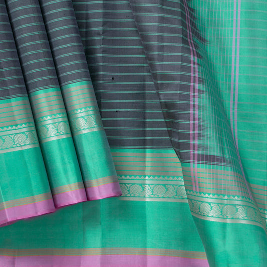 Grey And Turquoise Kanchipuram Silk Saree Light Weight For Festive Wear PV KNN 285