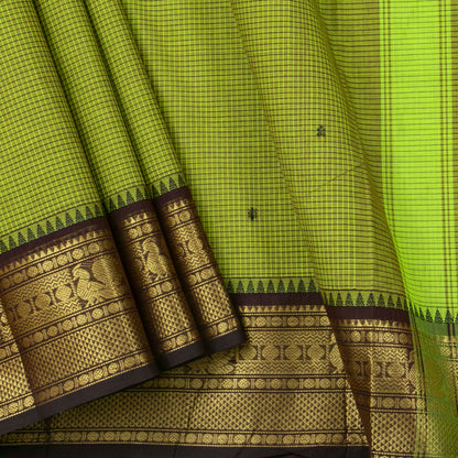Green And Brown Kanchi Cotton Saree With Zari Border For Festive Wear PV MM KC 633