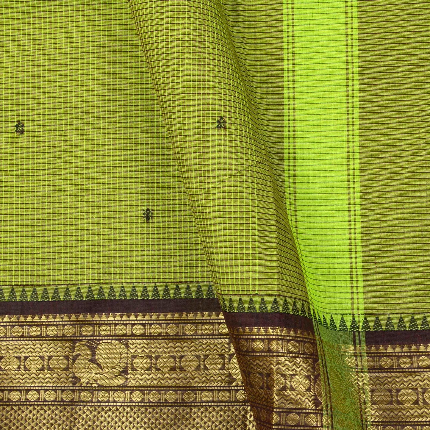 Green And Brown Kanchi Cotton Saree With Zari Border For Festive Wear PV MM KC 633