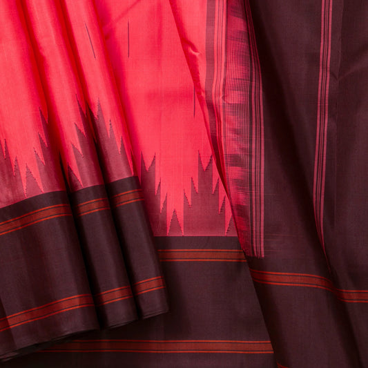 Peach And Maroon Kanchipuram Silk Saree Without Zari For Office Wear PV KNN 314