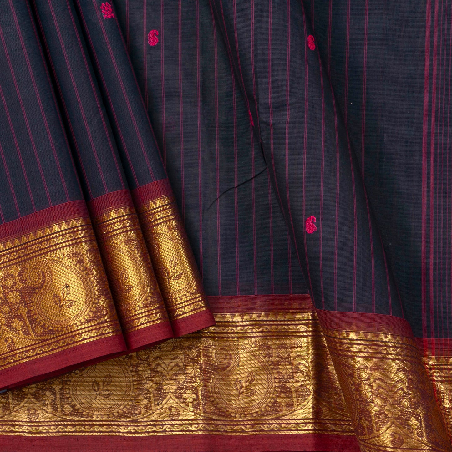 Navy Blue And Maroon Kanchi Cotton Saree With Zari Border For Festive Wear PV MM KC 632