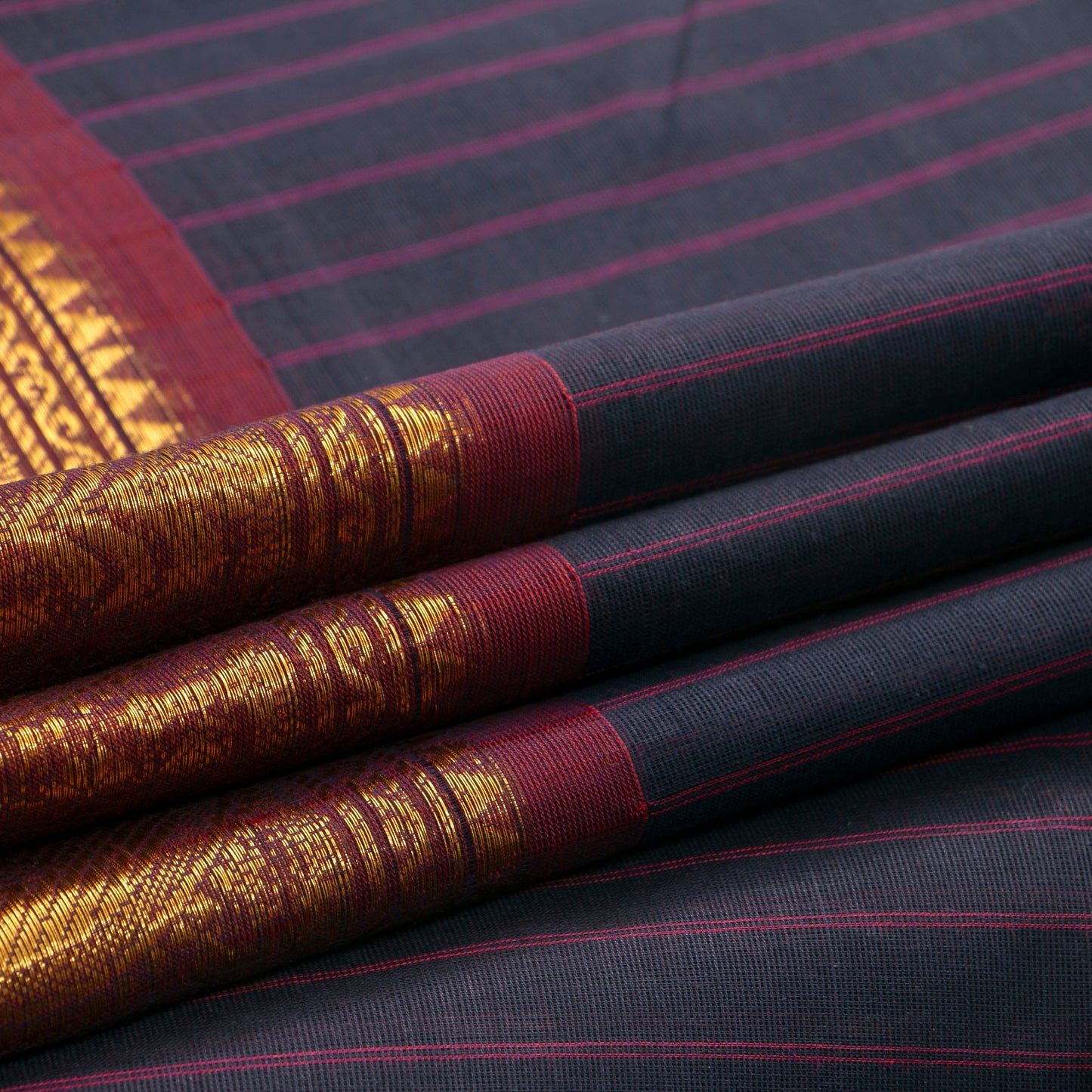 Navy Blue And Maroon Kanchi Cotton Saree With Zari Border For Festive Wear PV MM KC 632