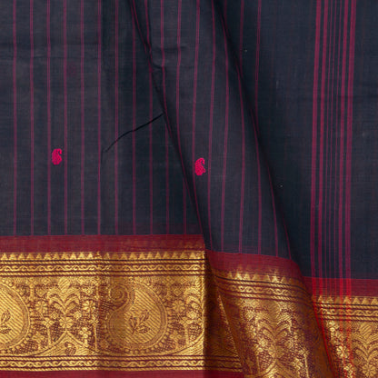 Navy Blue And Maroon Kanchi Cotton Saree With Zari Border For Festive Wear PV MM KC 632