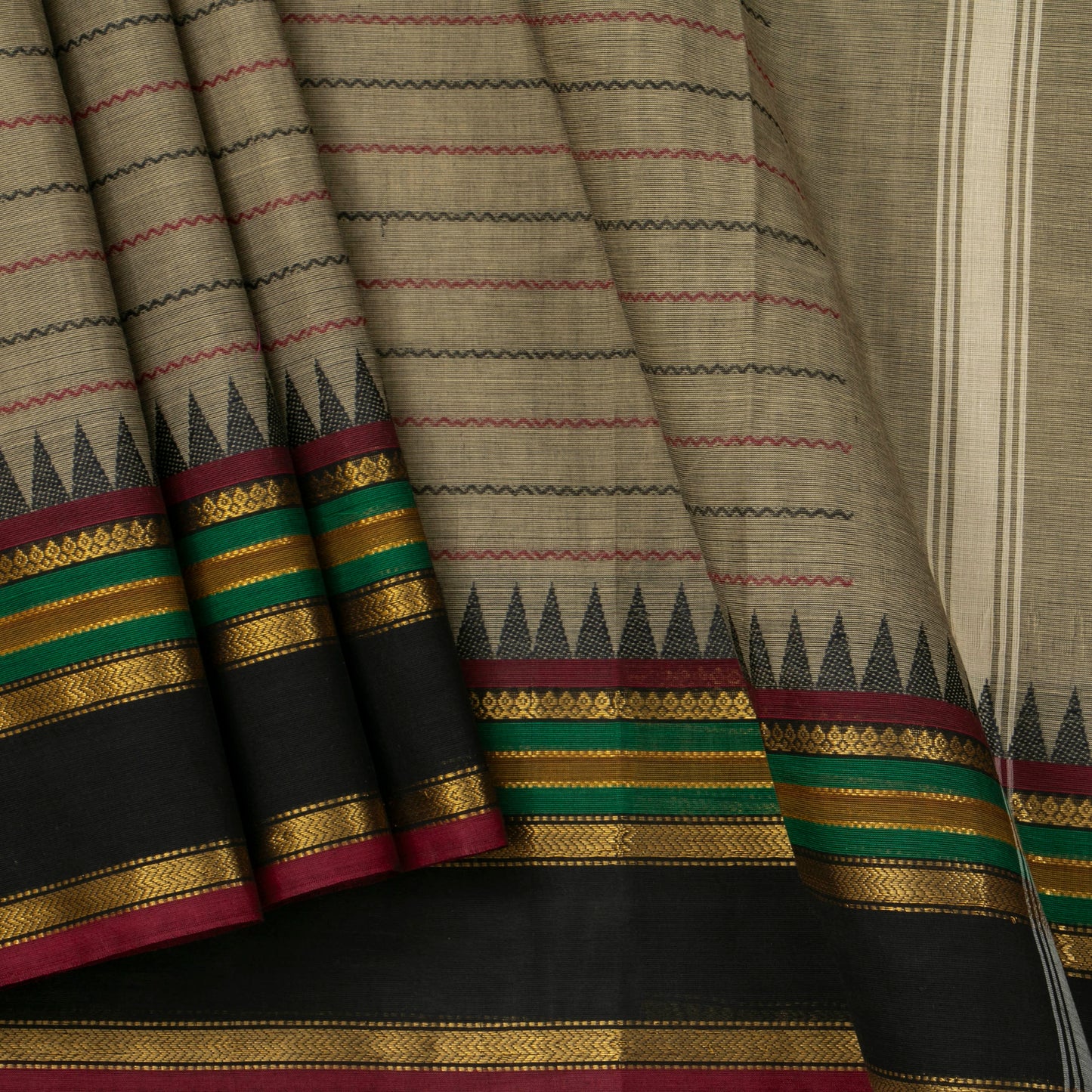 Grey Kanchi Cotton Saree With Veldhari Stripes For Festive Wear PV MM KC 620