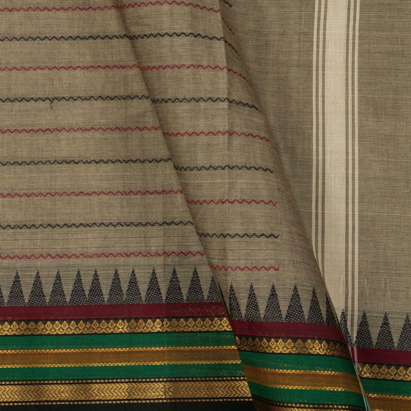 Grey Kanchi Cotton Saree With Veldhari Stripes For Festive Wear PV MM KC 620