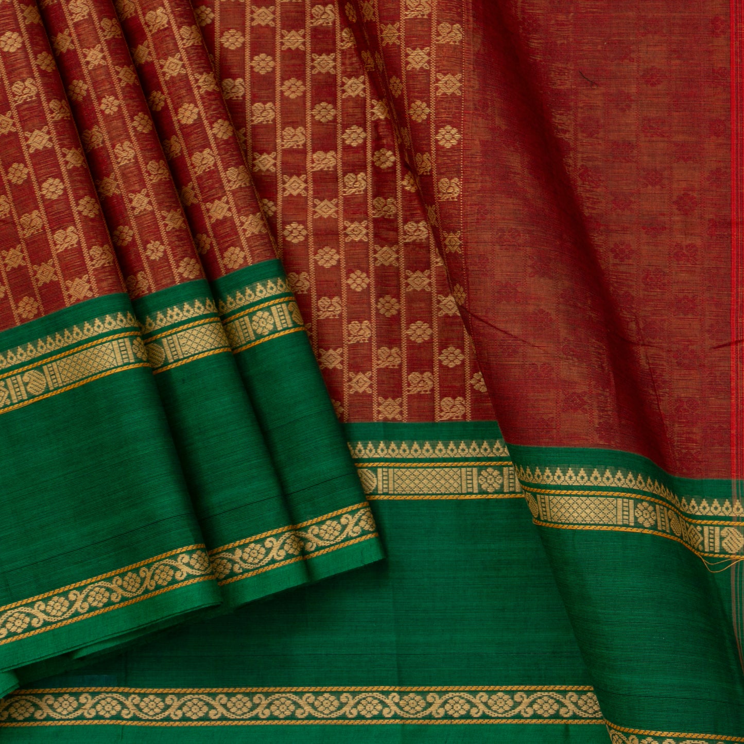 Rust And Green Kanchi Cotton Saree For Festive Wear PV MM KC 670