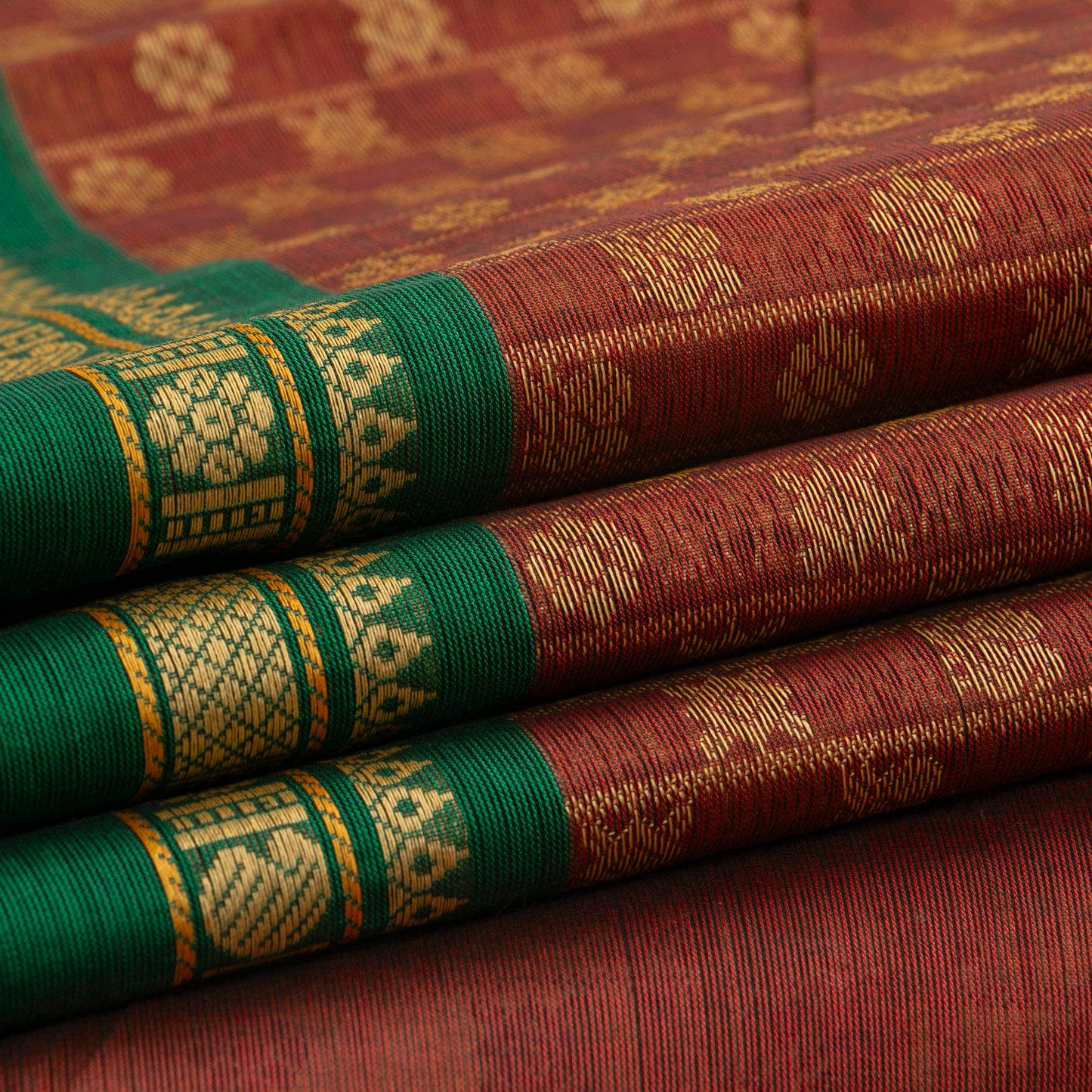 Rust And Green Kanchi Cotton Saree For Festive Wear PV MM KC 670