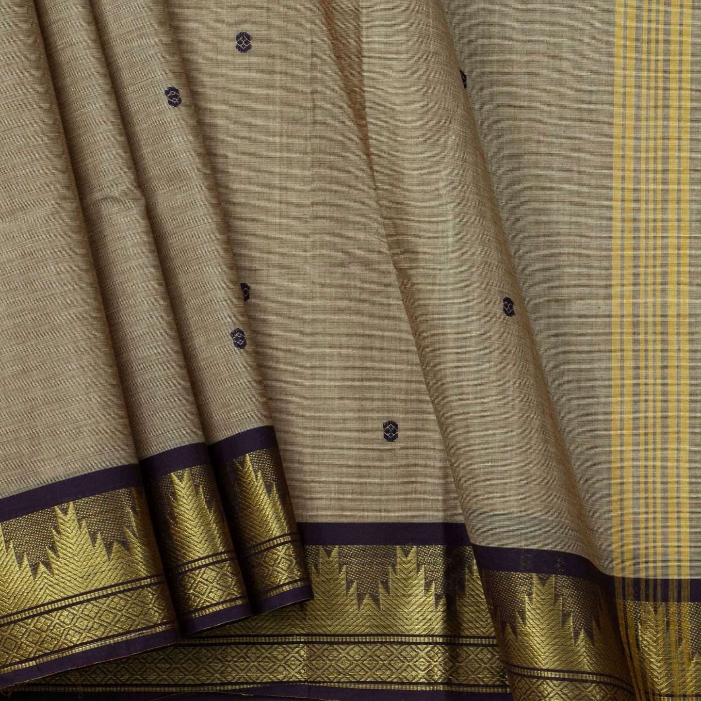 Fawn And Black Kanchi Cotton Saree For Festive Wear PV MM KC 806