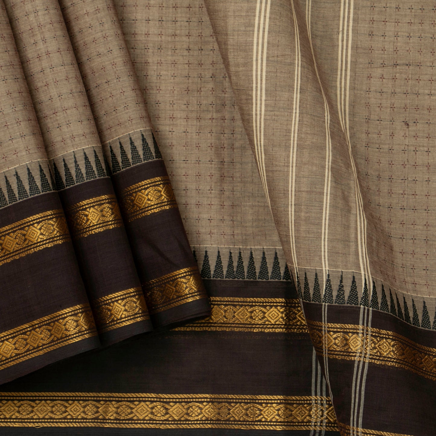 Fawn Kanchi Cotton Saree With Ganga Jamuna Temple Rettai Pettu Border PV MM KC 616