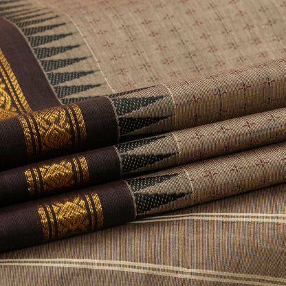 Fawn Kanchi Cotton Saree With Ganga Jamuna Temple Rettai Pettu Border PV MM KC 616
