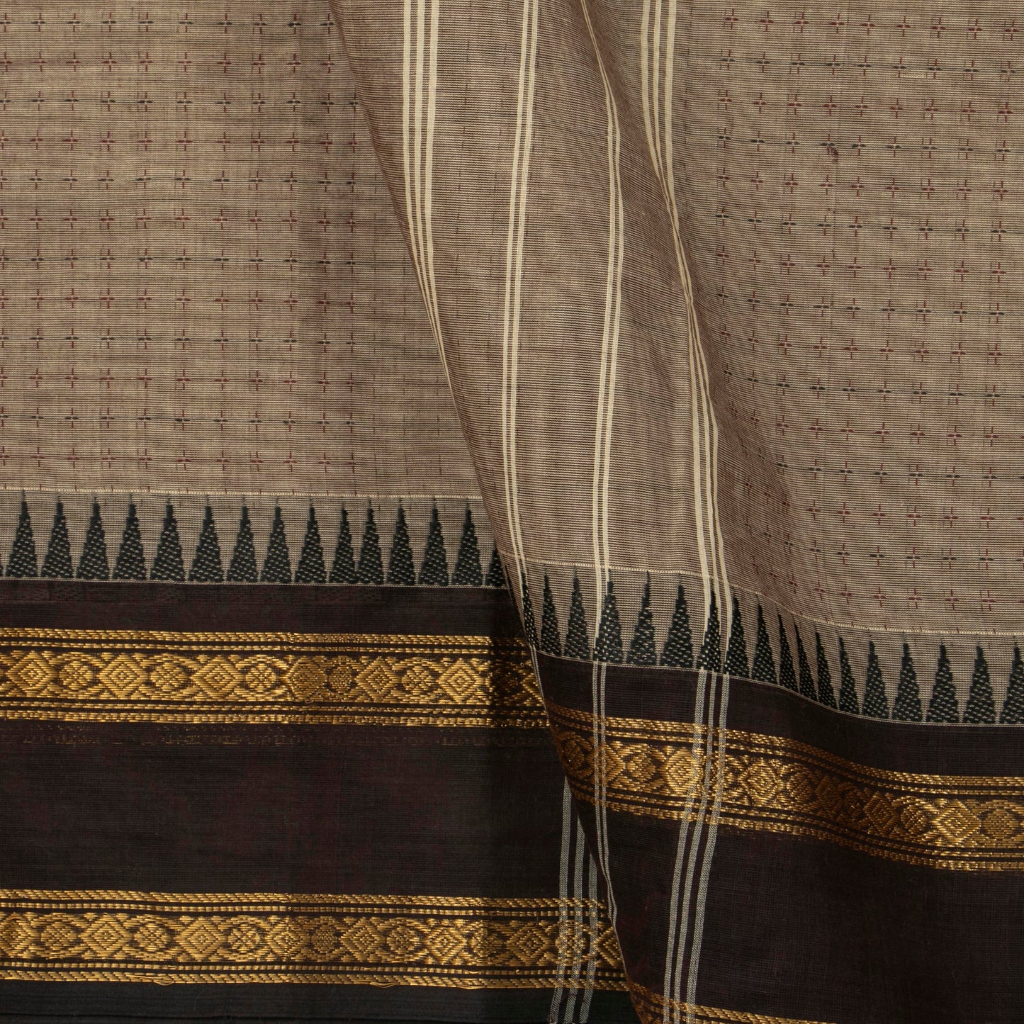 Fawn Kanchi Cotton Saree With Ganga Jamuna Temple Rettai Pettu Border PV MM KC 616