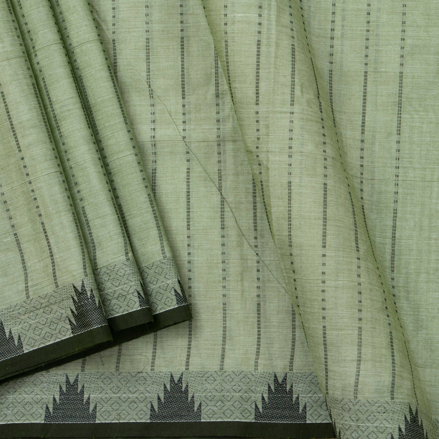 Pastel Green And Black Kanchi Cotton Saree With Temple Border For Office Wear PV MM KC 611