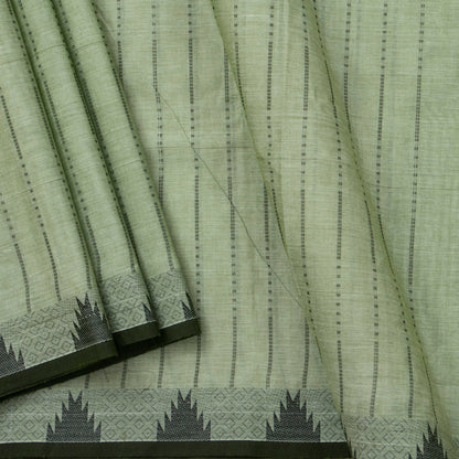 Pastel Green And Black Kanchi Cotton Saree With Temple Border For Office Wear PV MM KC 611