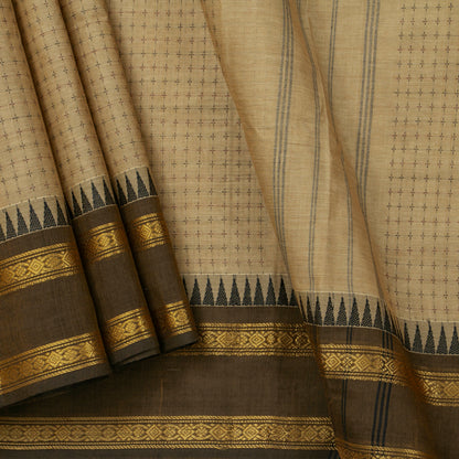 Beige Kanchi Cotton Saree With Ganga Jamuna Temple Rettai Pettu Border PV MM KC 615