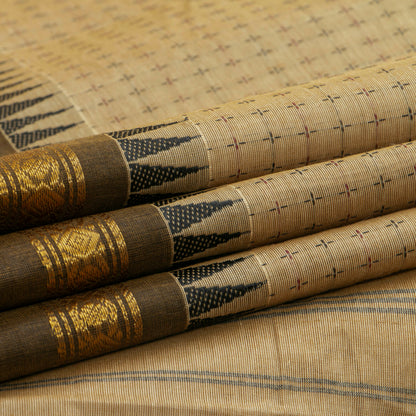 Beige Kanchi Cotton Saree With Ganga Jamuna Temple Rettai Pettu Border PV MM KC 615