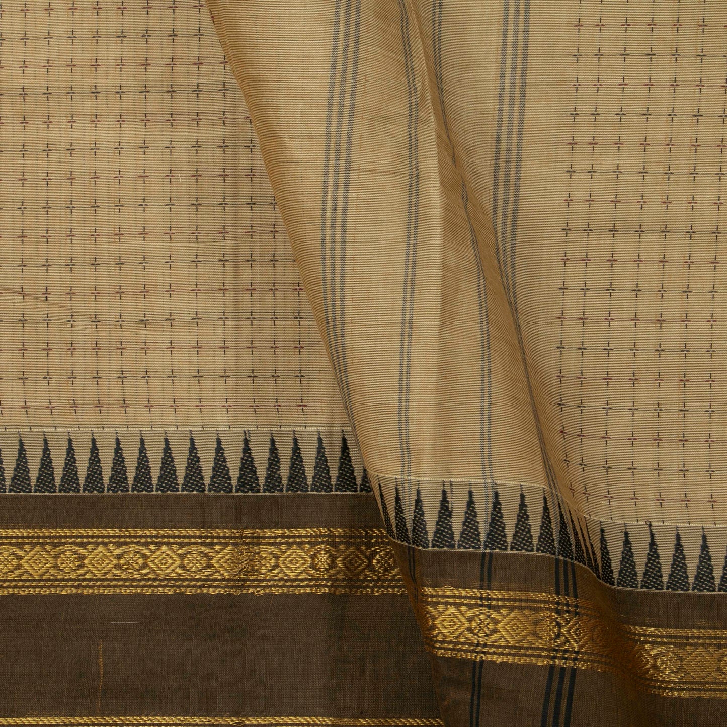 Beige Kanchi Cotton Saree With Ganga Jamuna Temple Rettai Pettu Border PV MM KC 615