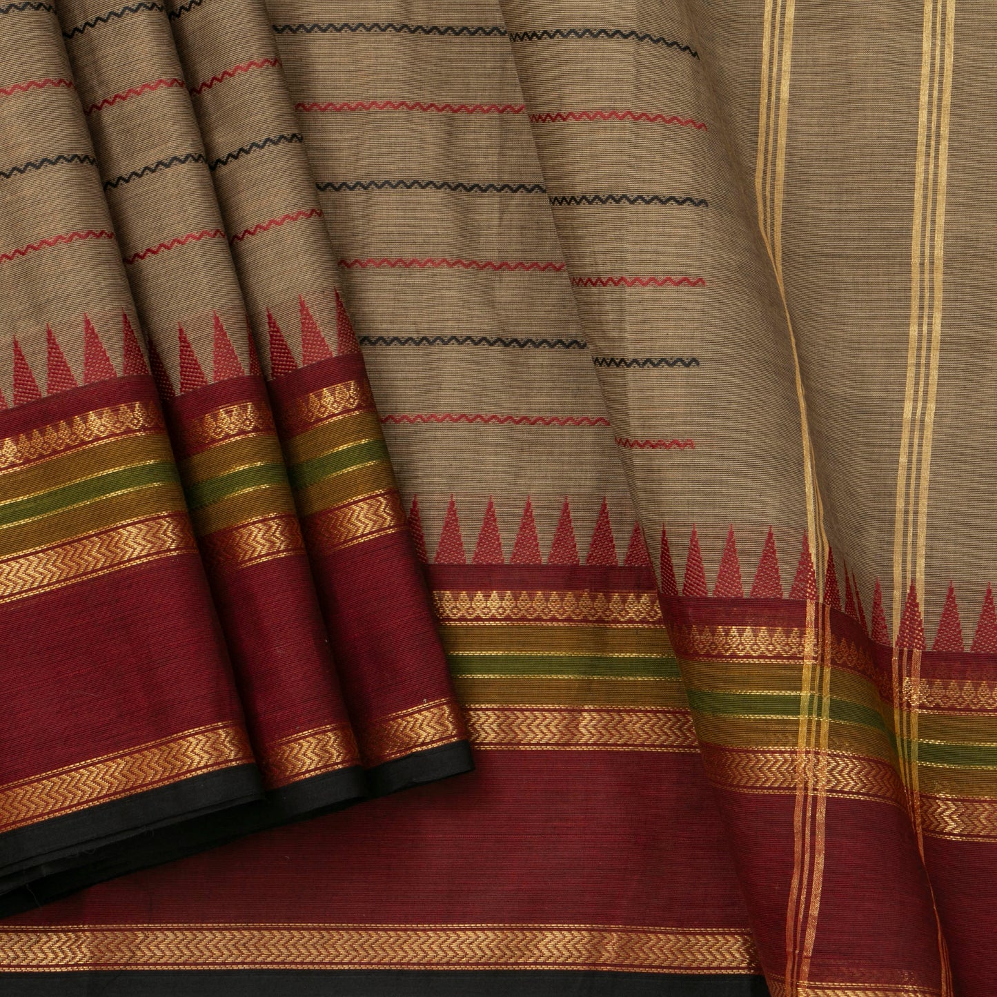 Fawn, Maroon And Black Kanchi Cotton Saree With Ganga Jamuna Border For Festive Wear PV MM KC 610