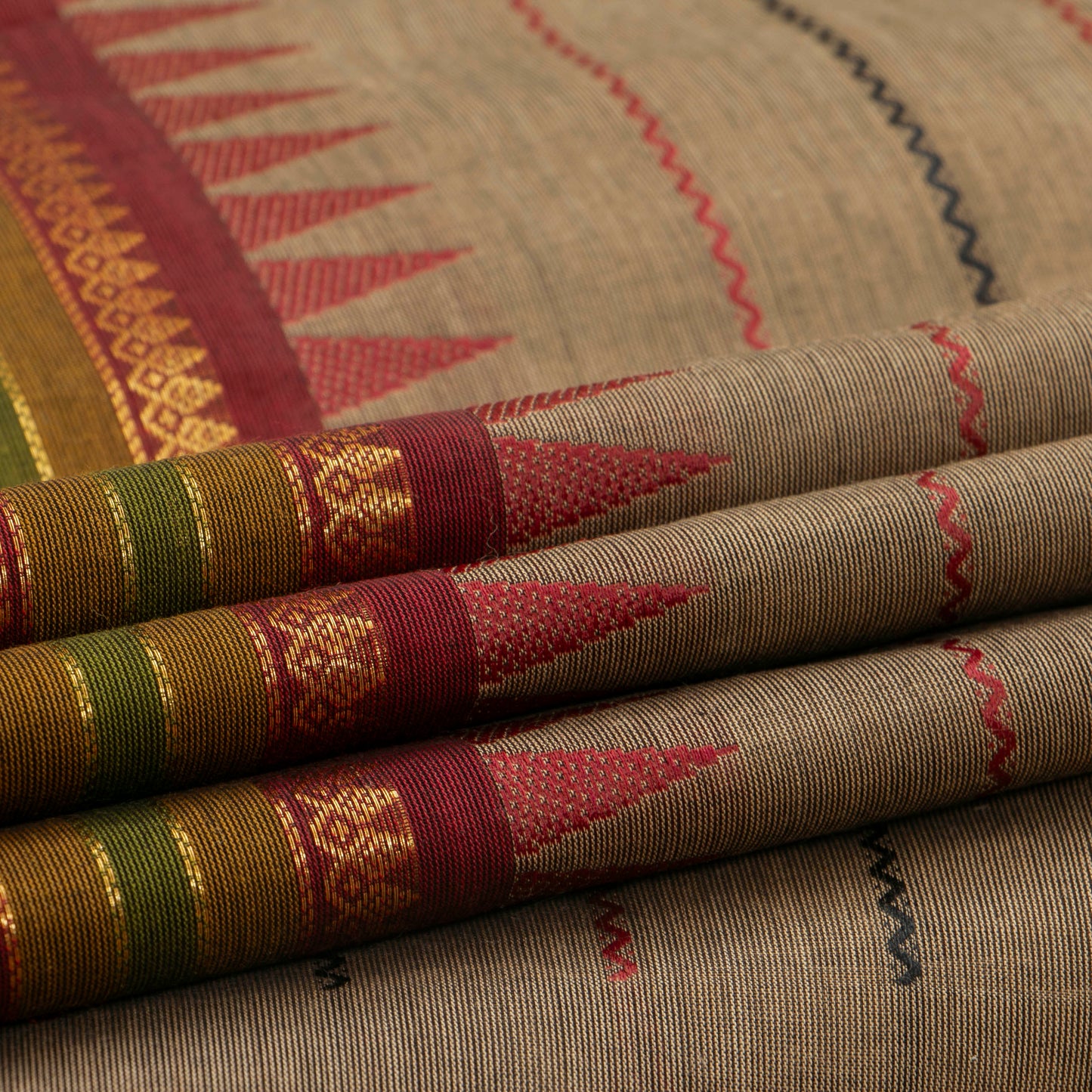 Fawn, Maroon And Black Kanchi Cotton Saree With Ganga Jamuna Border For Festive Wear PV MM KC 610