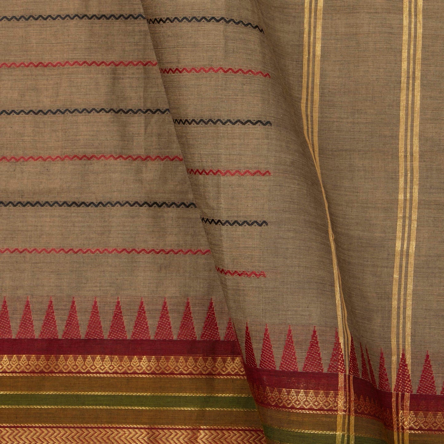 Fawn, Maroon And Black Kanchi Cotton Saree With Ganga Jamuna Border For Festive Wear PV MM KC 610