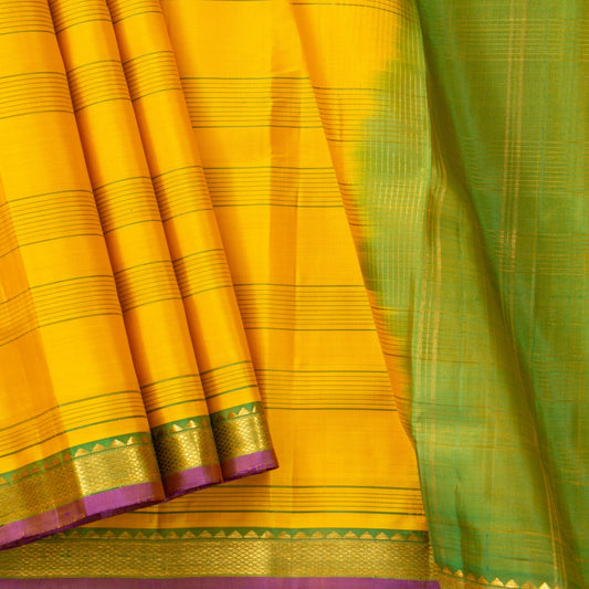 Yellow And Light Green Kanchipuram Silk Saree Light Weight For Festive Wear PV KNN 277