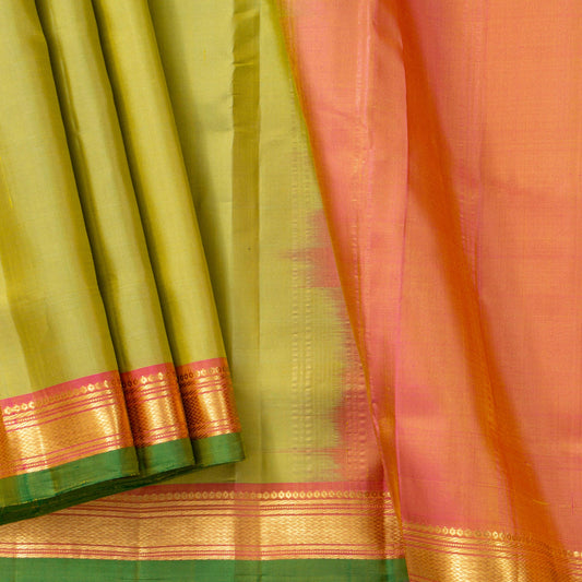 Yellow Green And Peach Orange Kanchipuram Silk Saree Light Weght For Festive Wear PV KNN 265