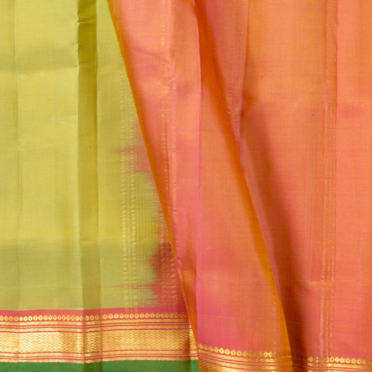 Yellow Green And Peach Orange Kanchipuram Silk Saree Light Weght For Festive Wear PV KNN 265