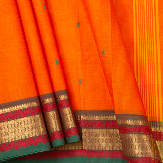 Orange And Green Kanchi Cotton Saree For Festive Wear PV MM KC 809