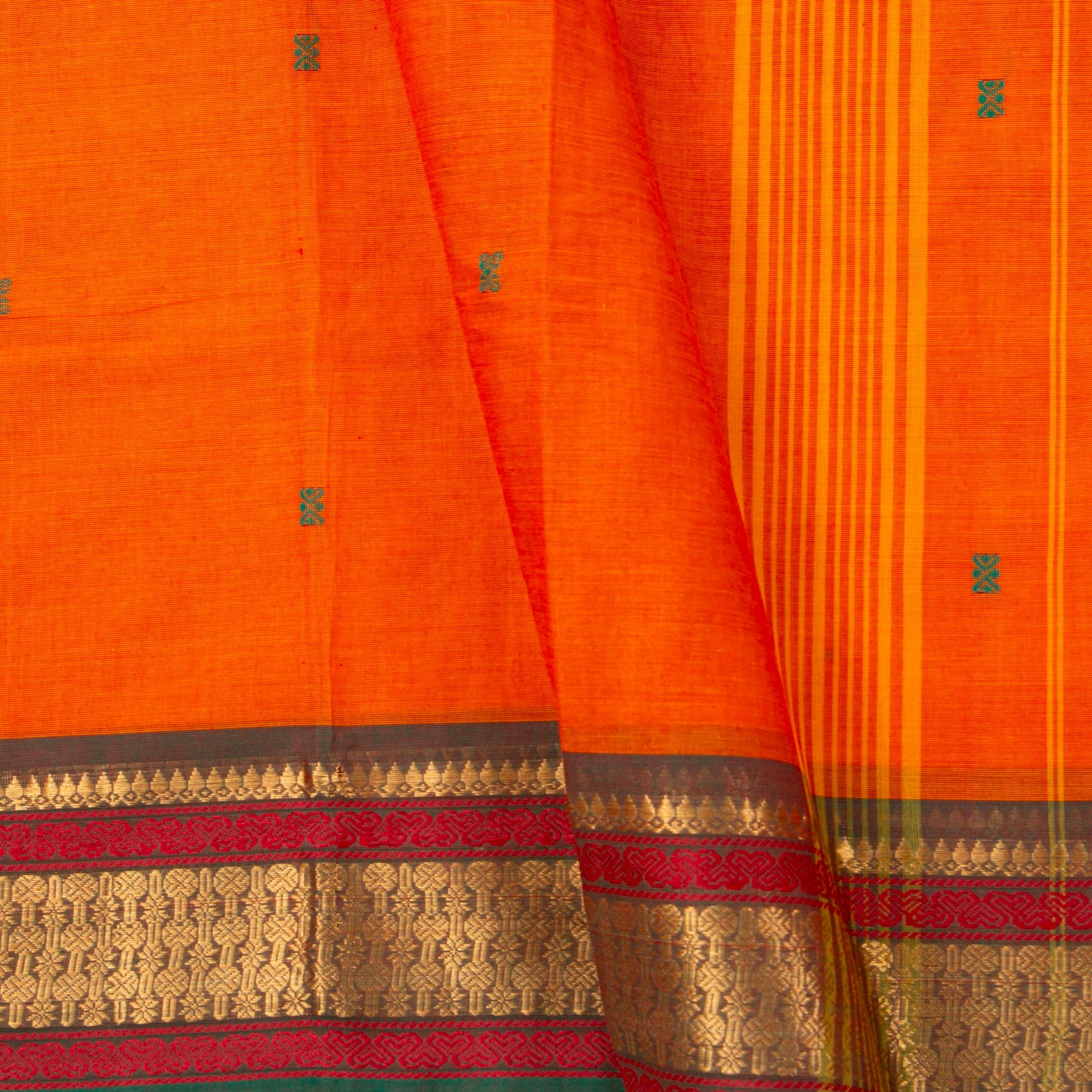 Orange And Green Kanchi Cotton Saree For Festive Wear PV MM KC 809
