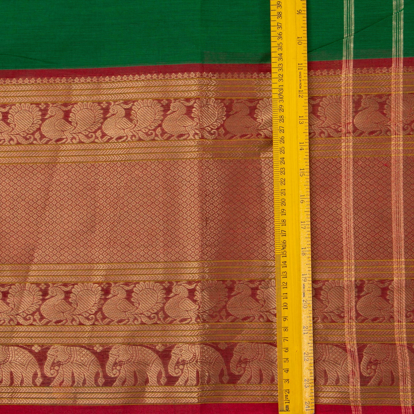 Green And Red Kanchi Cotton Saree With Long Zari Border For Festive Wear PV MM KC 382