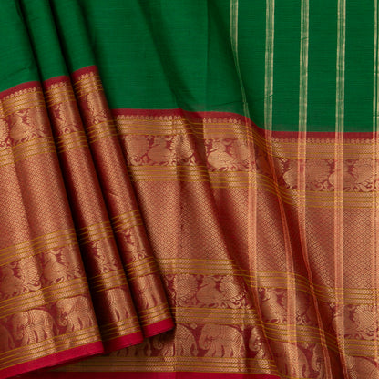 Green And Red Kanchi Cotton Saree With Long Zari Border For Festive Wear PV MM KC 382