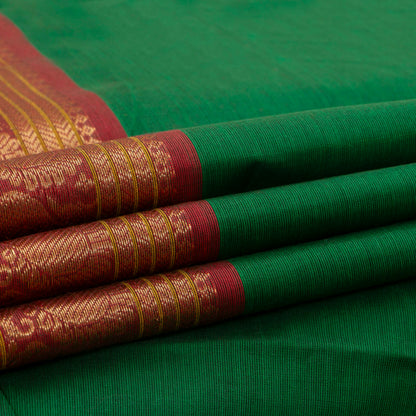 Green And Red Kanchi Cotton Saree With Long Zari Border For Festive Wear PV MM KC 382