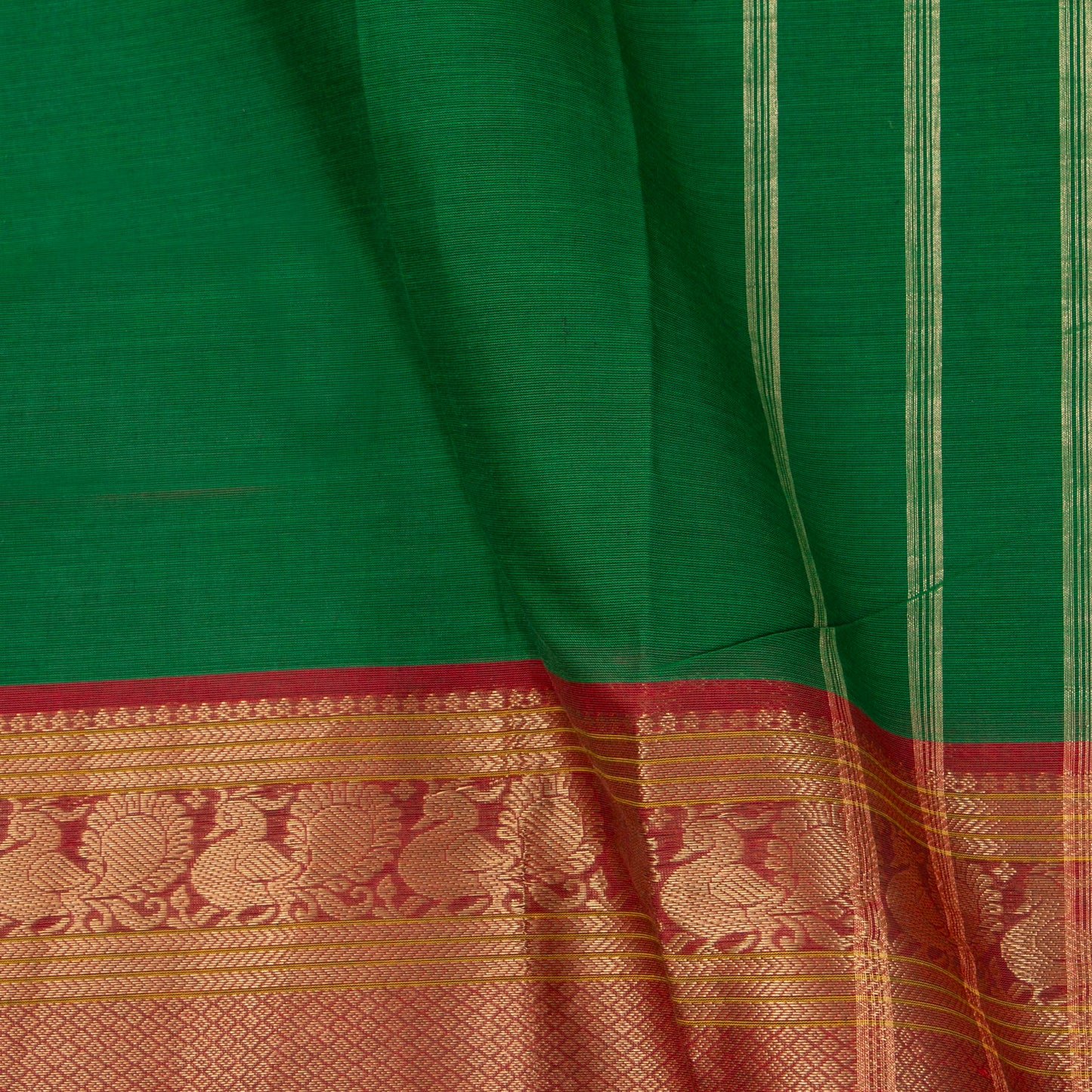 Green And Red Kanchi Cotton Saree With Long Zari Border For Festive Wear PV MM KC 382
